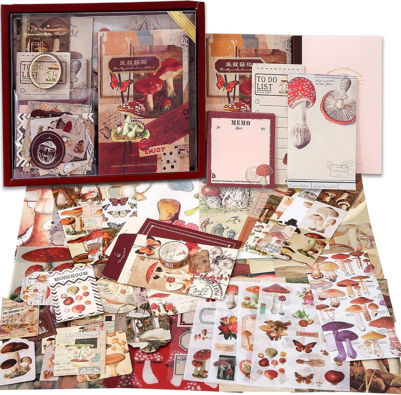 emmoolife Scrapbooking Supplies Kit, Vintage Mushroom Aesthetic Scrapbook Kit for Bullet Junk Journal, Stationery, A6 Grid Notebook, DIY Journaling Supplies, Birthday Craft Gift for Teen Girl Women - Image 1